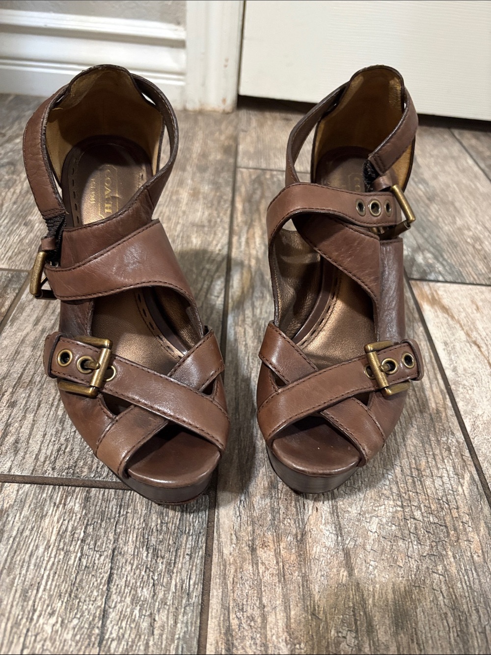 Coach Shannon Leather Buckle Wedge Sandal